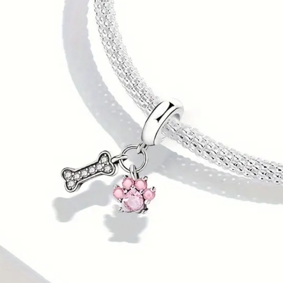 Fashion Pink Craftsmanship Inlaid Rhinestone Cute Paw Print Bone Pendant - Picture 2 of 7
